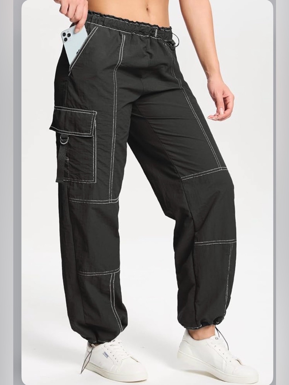Forever 21 Black Cargo Parachute Jogger Pants w/ White Stitching, Size Medium